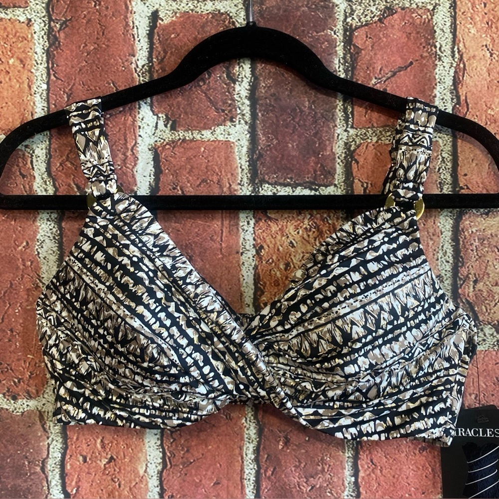 Miraclesuit Black Gold Plunge Bra-Size Underwire Bikini Swim Top US 36D UK 36D